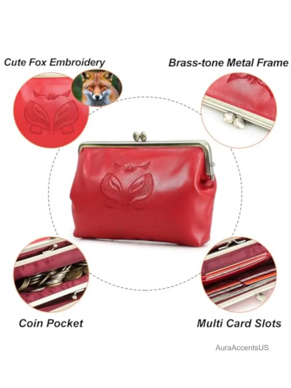 Vintage Full Grain Goat Leather Fox Embroidered Kiss Lock Clutch Evening Bag